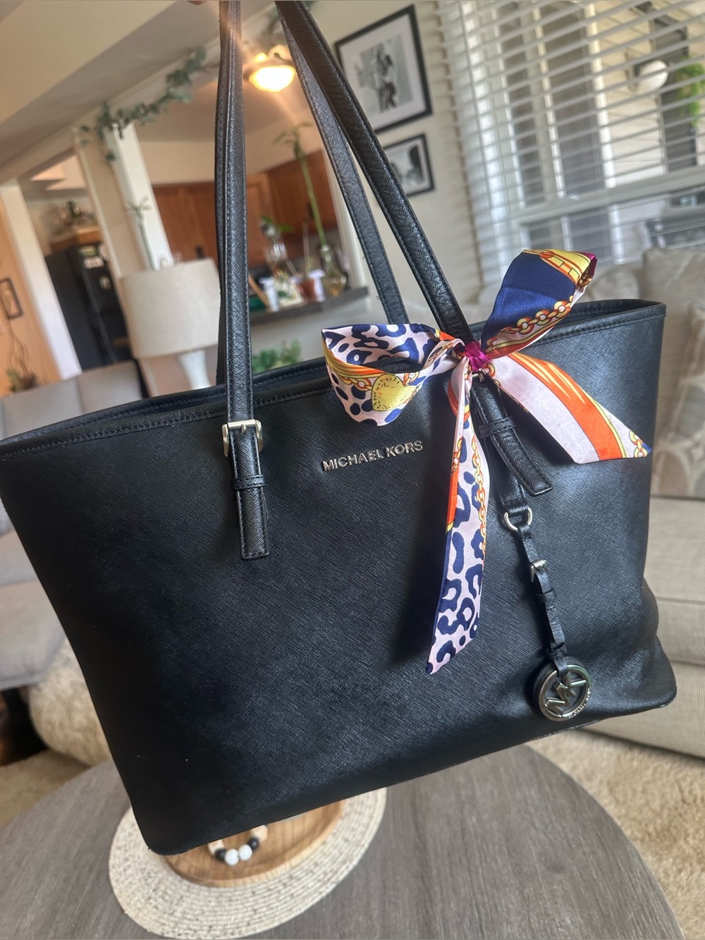 Michael Kors Black Saffiano Leather Silver Hardware Tote Bag w/Twilly Scarf